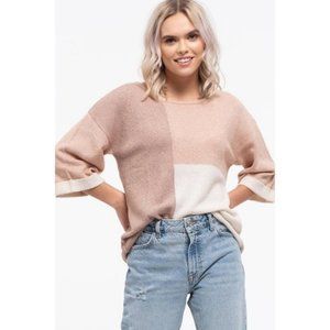 Pink Color Block 3/4 Sleeve Sweater